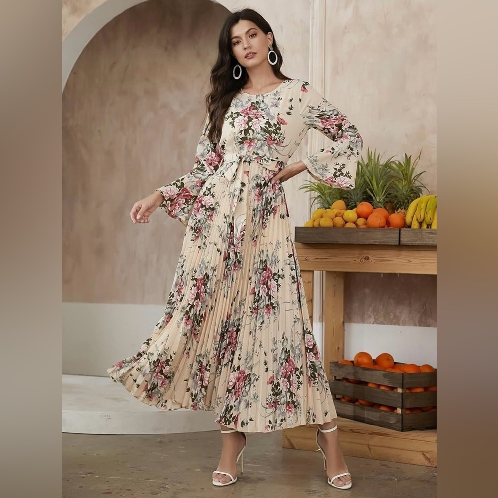 Women’s Dress Floral Print Long Sleeve Round Neck Self Tie Pleated Hem Dress